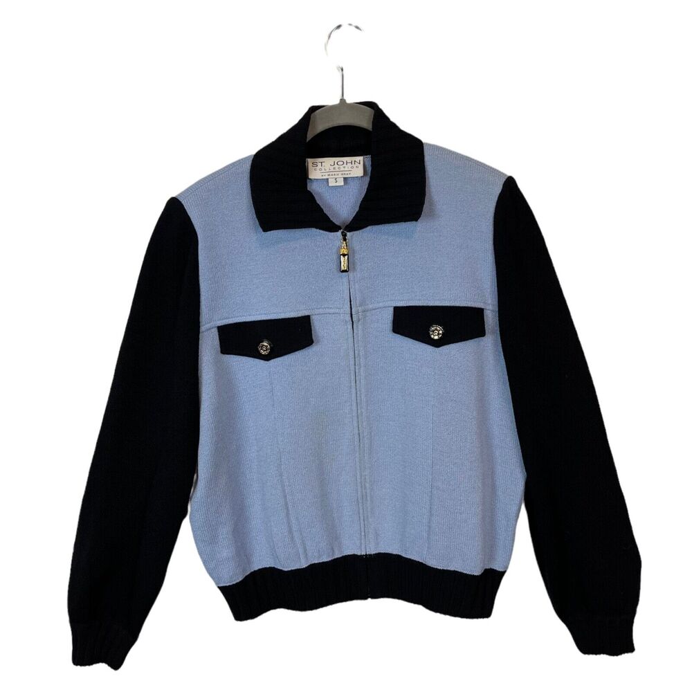 ST. JOHN Letterman Style Bomber Jacket Womens S Cardigan Colorblock Blue Black